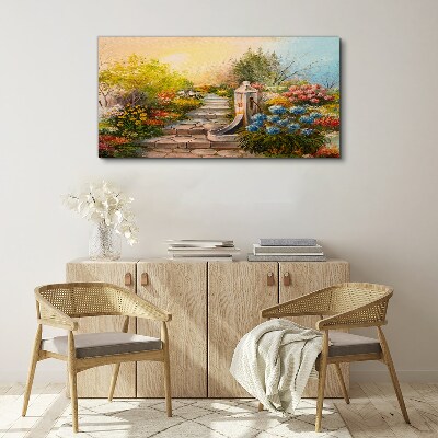 Foto leinwand Blumengarten mit Springbrunnen
