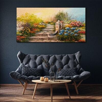 Foto leinwand Blumengarten mit Springbrunnen