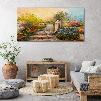 Foto leinwand Blumengarten mit Springbrunnen