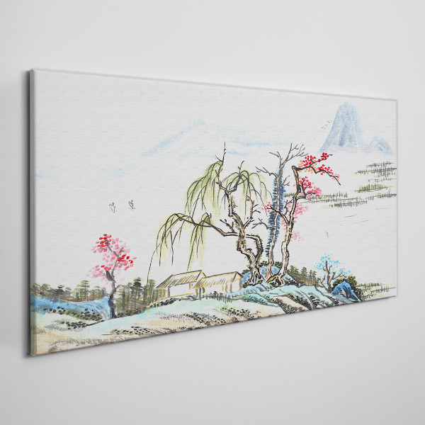 Foto auf leinwand Eine friedliche Landschaft mit Bäumen und einem Haus