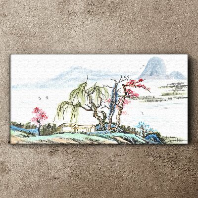 Foto auf leinwand Eine friedliche Landschaft mit Bäumen und einem Haus