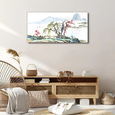 Foto auf leinwand Eine friedliche Landschaft mit Bäumen und einem Haus