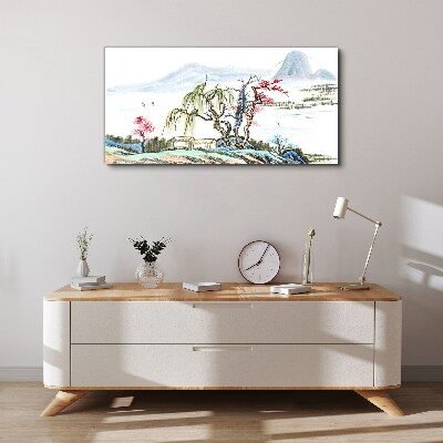 Foto auf leinwand Eine friedliche Landschaft mit Bäumen und einem Haus