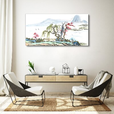Foto auf leinwand Eine friedliche Landschaft mit Bäumen und einem Haus