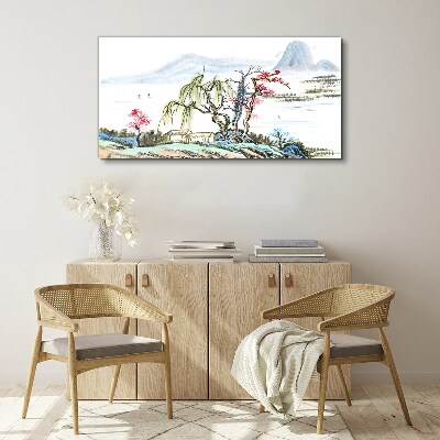 Foto auf leinwand Eine friedliche Landschaft mit Bäumen und einem Haus