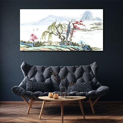 Foto auf leinwand Eine friedliche Landschaft mit Bäumen und einem Haus