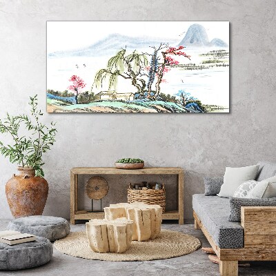 Foto auf leinwand Eine friedliche Landschaft mit Bäumen und einem Haus