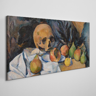 Bild auf leinwand Stillleben mit Totenkopf und Früchten