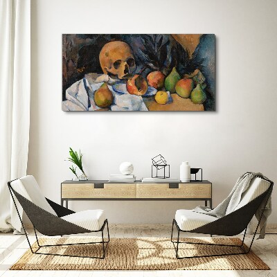Bild auf leinwand Stillleben mit Totenkopf und Früchten