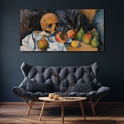 Bild auf leinwand Stillleben mit Totenkopf und Früchten