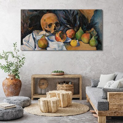 Bild auf leinwand Stillleben mit Totenkopf und Früchten