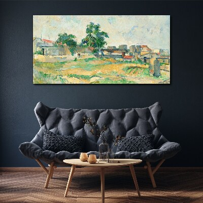Foto auf leinwand Landschaft mit einem Baum und Gebäuden