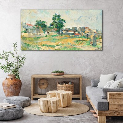 Foto auf leinwand Landschaft mit einem Baum und Gebäuden