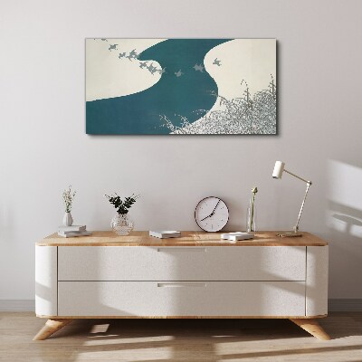 Foto auf leinwand Ein ruhiger Fluss mit wegfliegenden Vögeln