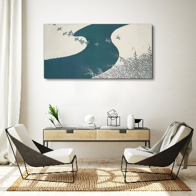 Foto auf leinwand Ein ruhiger Fluss mit wegfliegenden Vögeln