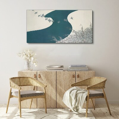 Foto auf leinwand Ein ruhiger Fluss mit wegfliegenden Vögeln