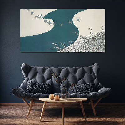 Foto auf leinwand Ein ruhiger Fluss mit wegfliegenden Vögeln
