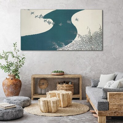 Foto auf leinwand Ein ruhiger Fluss mit wegfliegenden Vögeln