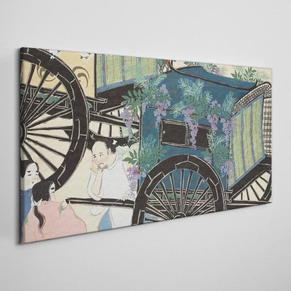 Foto auf leinwand Eine Szene mit einem Kinderwagen und Blumen im Hintergrund