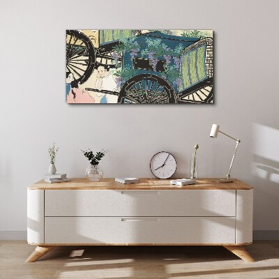 Foto auf leinwand Eine Szene mit einem Kinderwagen und Blumen im Hintergrund