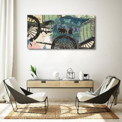 Foto auf leinwand Eine Szene mit einem Kinderwagen und Blumen im Hintergrund