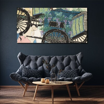 Foto auf leinwand Eine Szene mit einem Kinderwagen und Blumen im Hintergrund