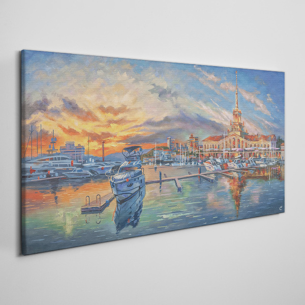 Foto auf leinwand Sonnenuntergang über dem Hafen