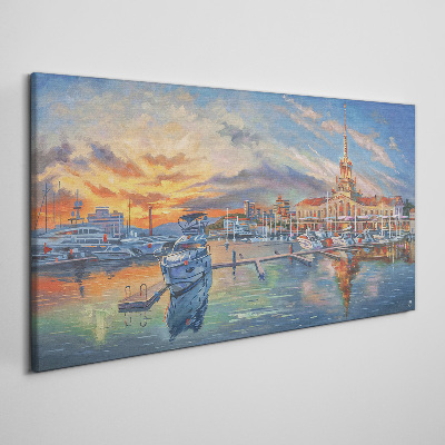 Foto auf leinwand Sonnenuntergang über dem Hafen
