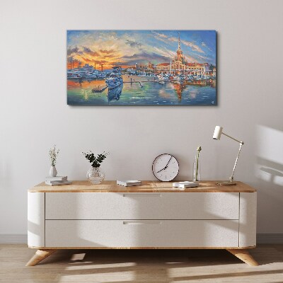 Foto auf leinwand Sonnenuntergang über dem Hafen