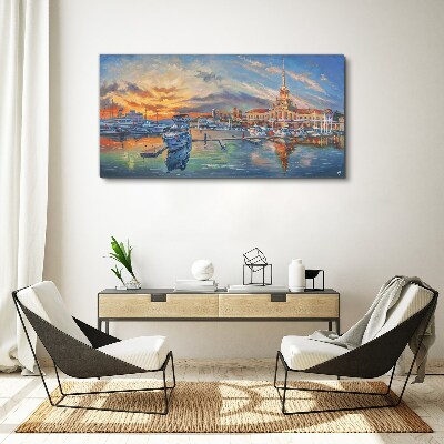 Foto auf leinwand Sonnenuntergang über dem Hafen