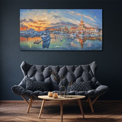 Foto auf leinwand Sonnenuntergang über dem Hafen