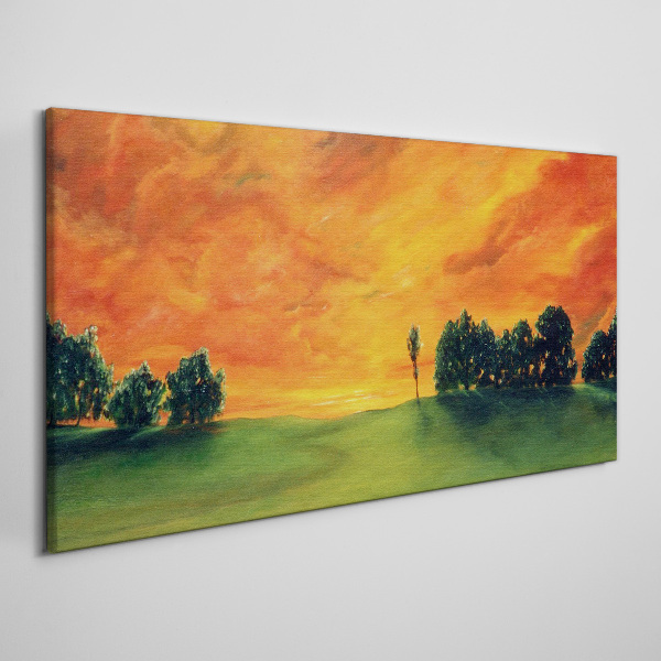 Foto auf leinwand Sonnenuntergang über dem grünen Hügel