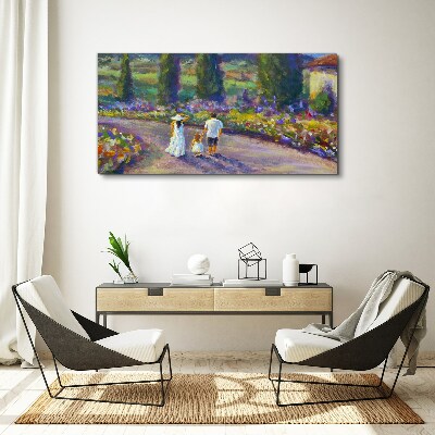 Foto auf leinwand Familienspaziergang in einem farbenfrohen Garten