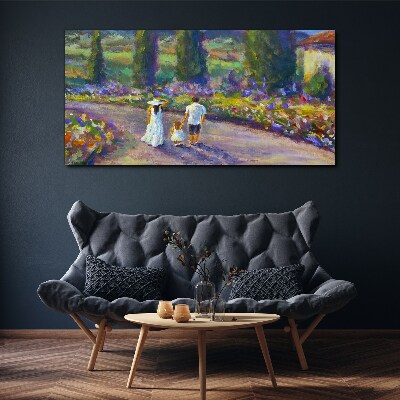 Foto auf leinwand Familienspaziergang in einem farbenfrohen Garten