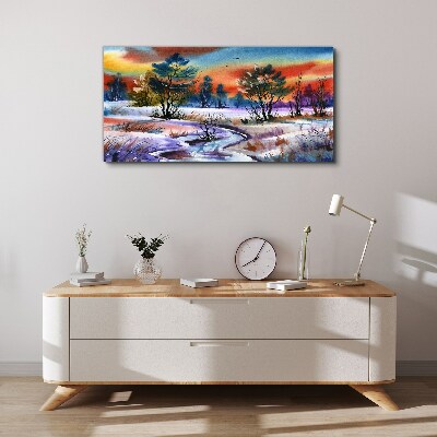 Foto auf leinwand Winterlandschaft in Regenbogenfarben