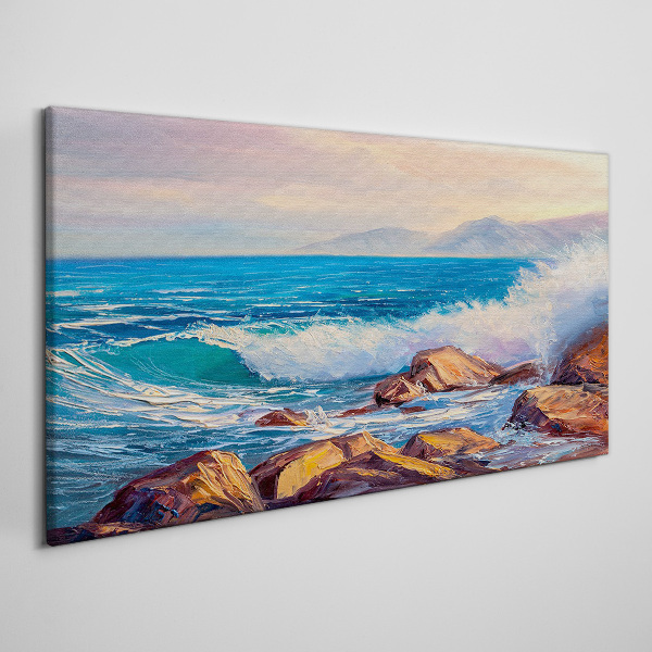 Foto auf leinwand Wellen an der Küste bei Sonnenuntergang