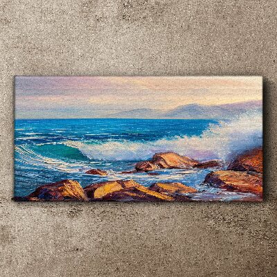 Foto auf leinwand Wellen an der Küste bei Sonnenuntergang