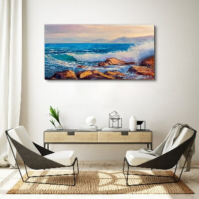 Foto auf leinwand Wellen an der Küste bei Sonnenuntergang