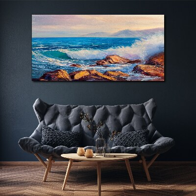 Foto auf leinwand Wellen an der Küste bei Sonnenuntergang