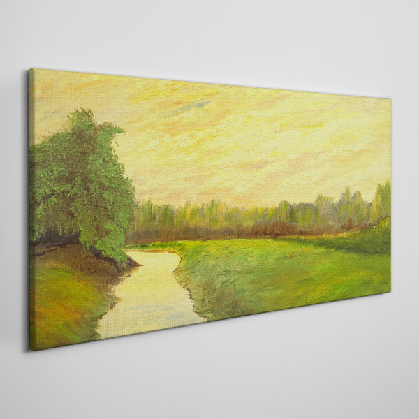 Foto auf leinwand Eine friedliche Landschaft mit einem Fluss und Bäumen