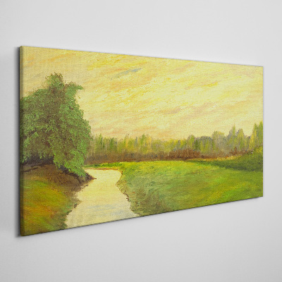 Foto auf leinwand Eine friedliche Landschaft mit einem Fluss und Bäumen