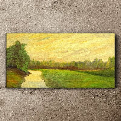 Foto auf leinwand Eine friedliche Landschaft mit einem Fluss und Bäumen