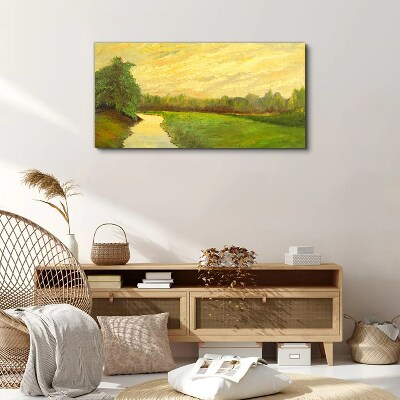Foto auf leinwand Eine friedliche Landschaft mit einem Fluss und Bäumen