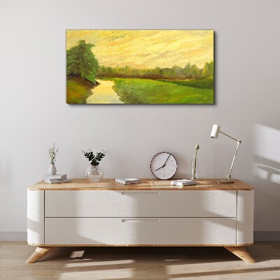 Foto auf leinwand Eine friedliche Landschaft mit einem Fluss und Bäumen