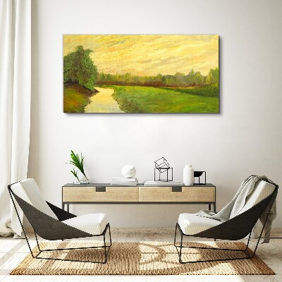 Foto auf leinwand Eine friedliche Landschaft mit einem Fluss und Bäumen