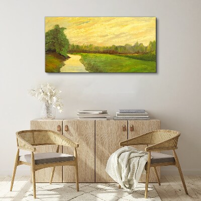 Foto auf leinwand Eine friedliche Landschaft mit einem Fluss und Bäumen