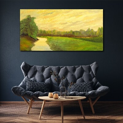 Foto auf leinwand Eine friedliche Landschaft mit einem Fluss und Bäumen