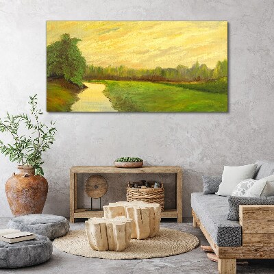 Foto auf leinwand Eine friedliche Landschaft mit einem Fluss und Bäumen