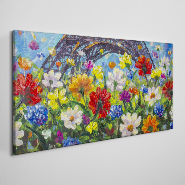 Foto leinwand Blumenlandschaft mit dem Eiffelturm