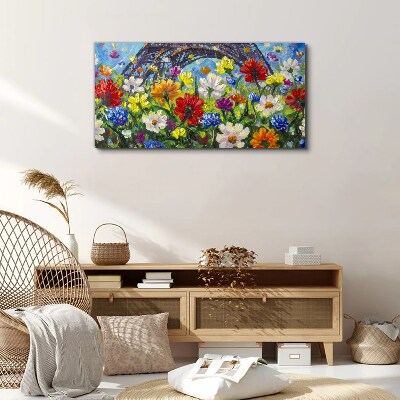 Foto leinwand Blumenlandschaft mit dem Eiffelturm